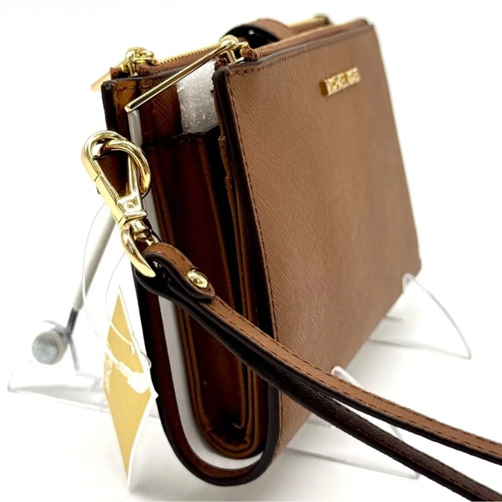 Michael Kors Large Jet Set Travel Logo Double Zip Wallet Luggage Brown - Picture 4 of 9